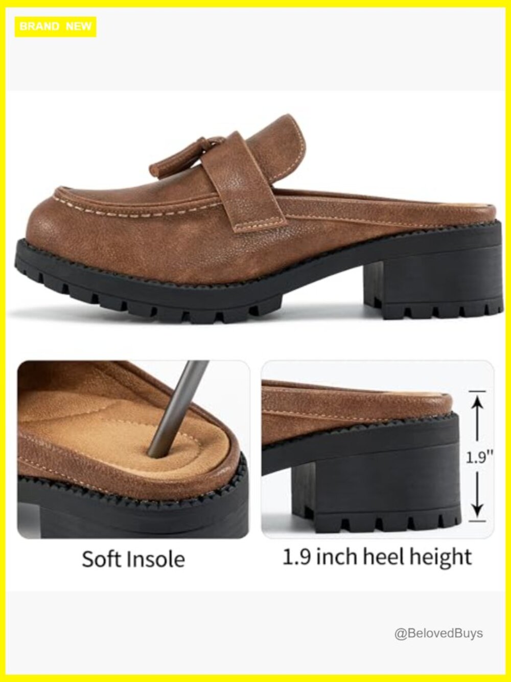 Womens Mules Loafers Slip On Platform Chunky Heel Tassel Work Shoes Office - Picture 4 of 7